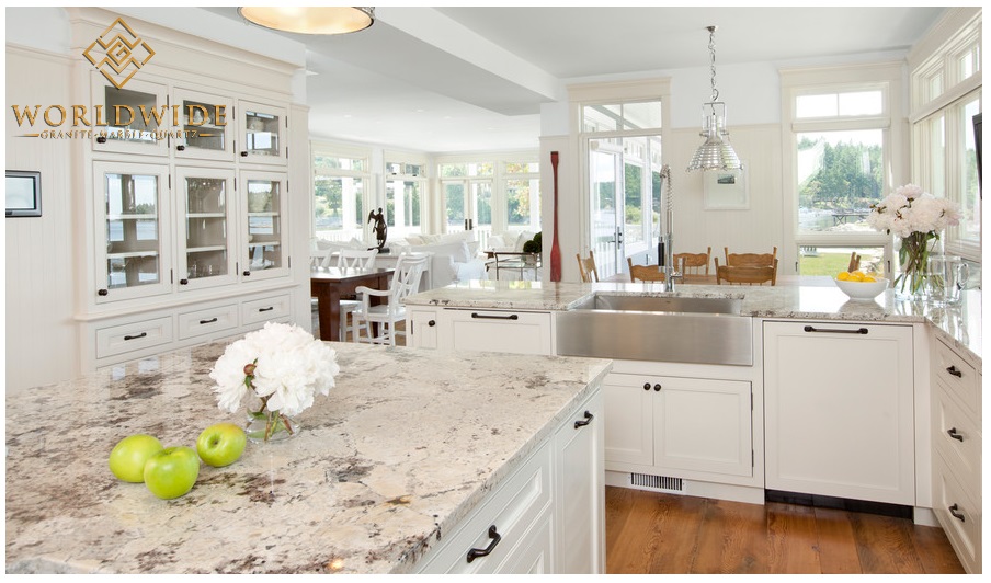 White Galaxy Granite with White Kitchen Cabinets