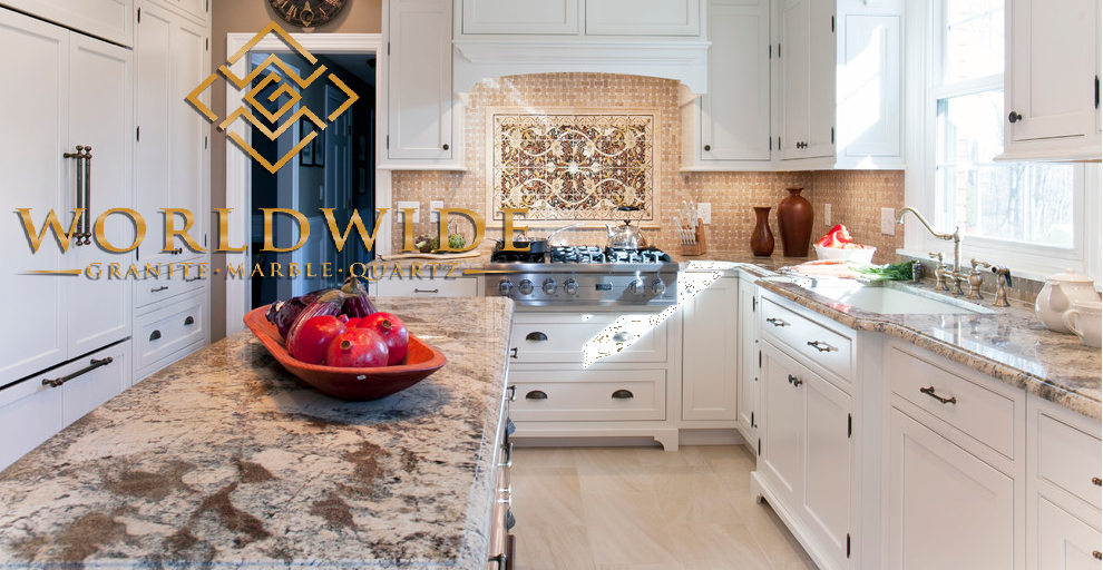 River Bordeaux Granite with White Kitchen Cabinets