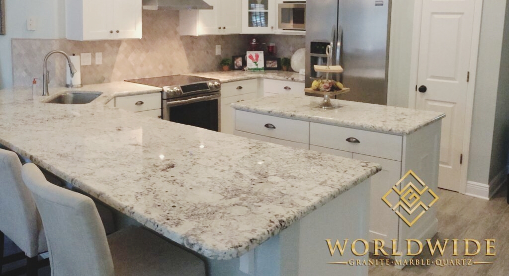 Galaxy White Granite Kitchen Countertops with White Cabinets